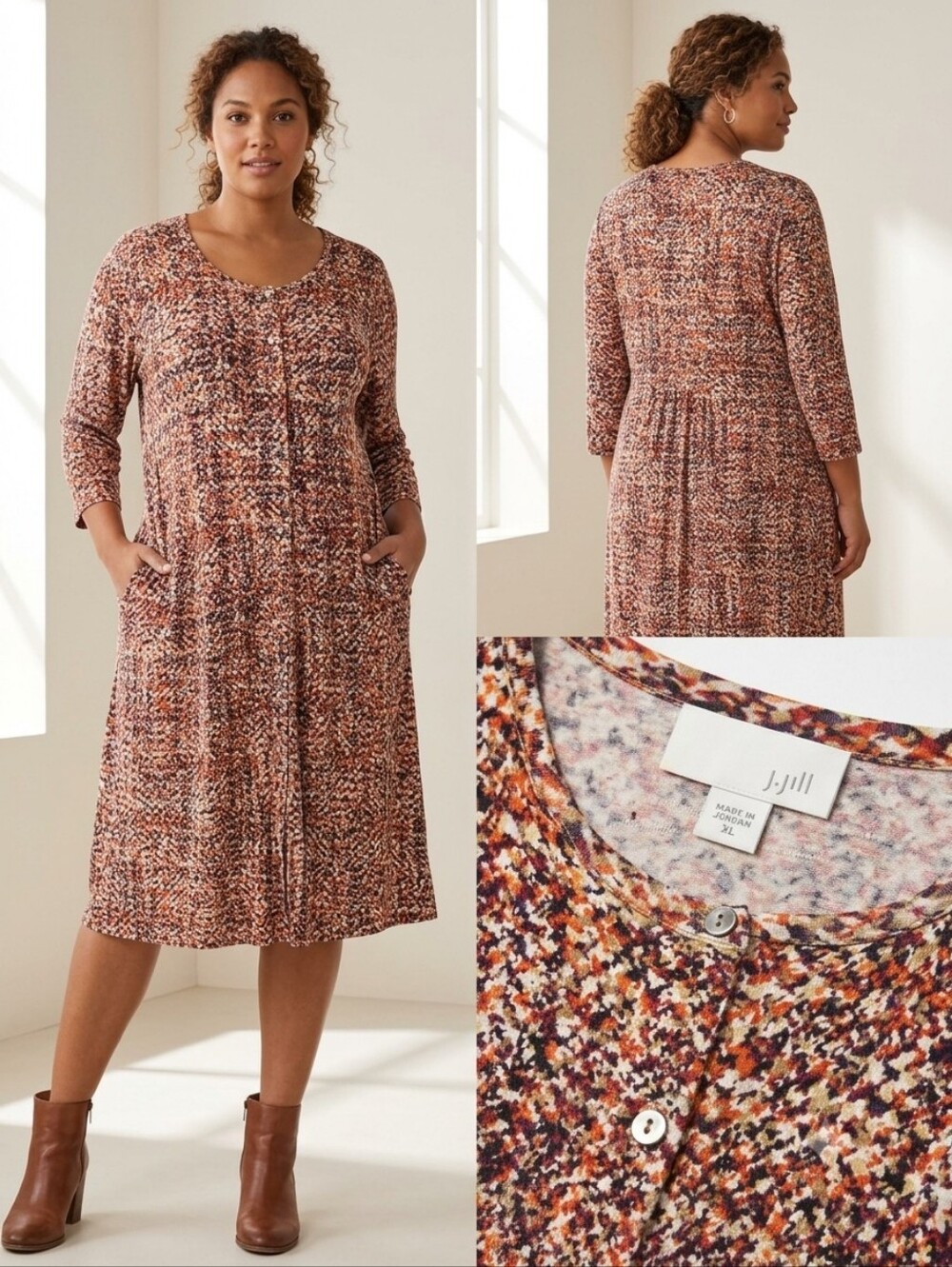 J. Jill Tweed Print Knit Pocket Midi Dress XL Orange Purple Button Front